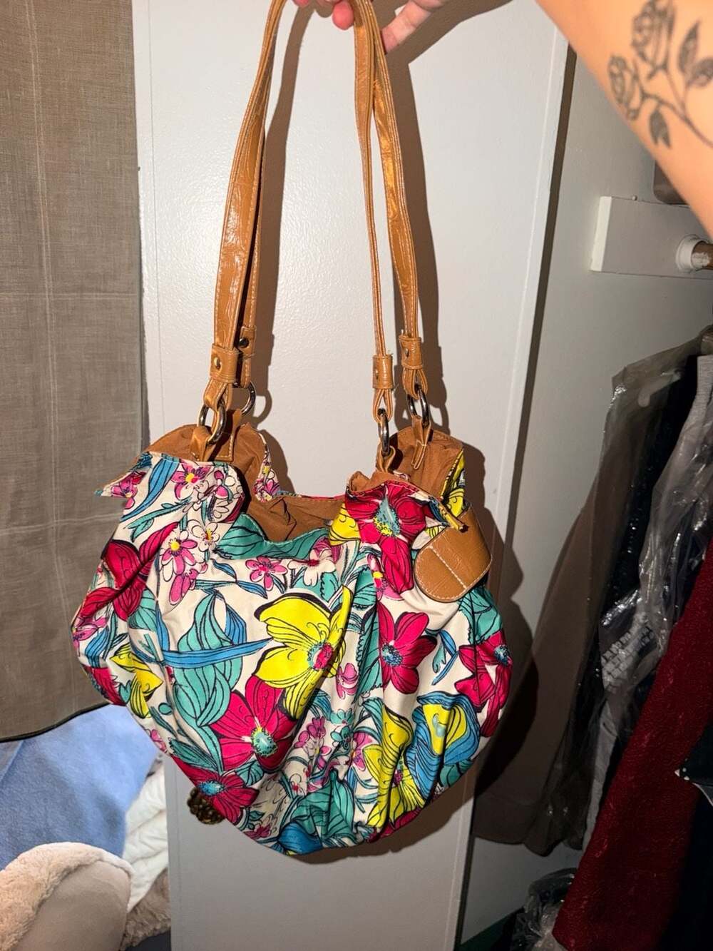 Tignanello Multi-color Floral Canvas Slouch Hobo Bag